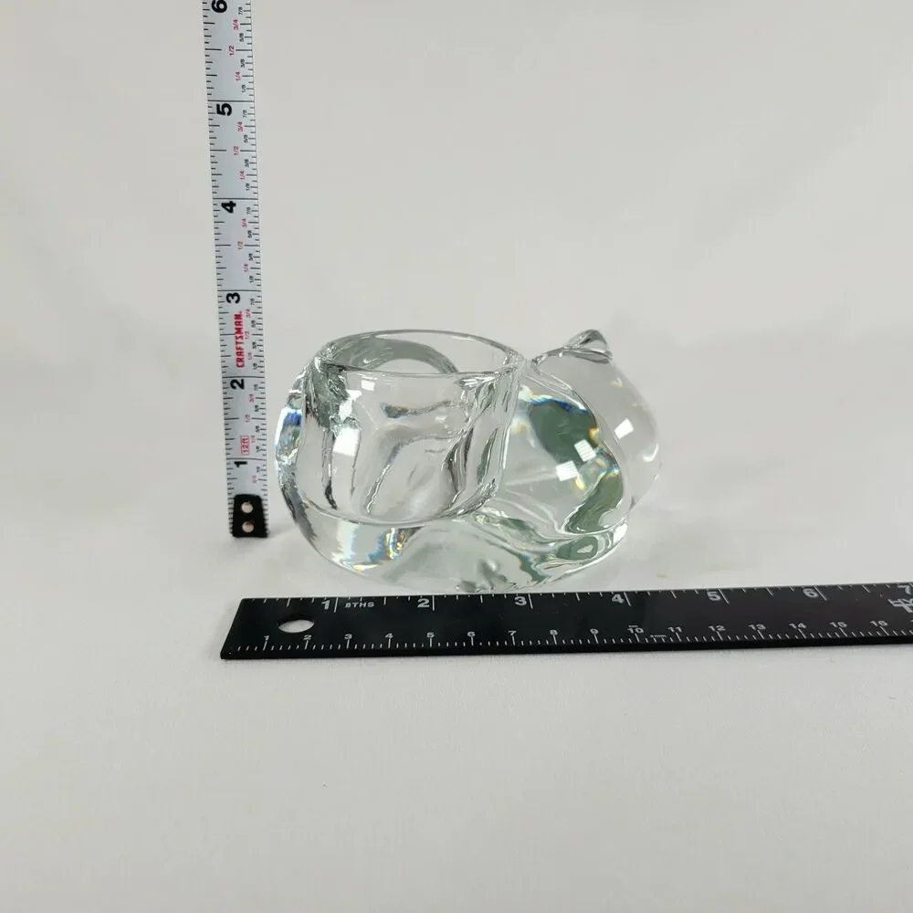 Vintage Indiana Glass Sleeping Kitty Cat Clear Votive Tealight Candle Holder MCM
